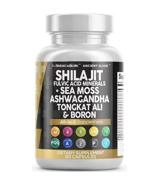 Shilajit Supplement with Sea Moss, Ashwagandha, Tongkat Ali, Boron, Magnesium - Fulvic Acid for Men - 90 Capsules