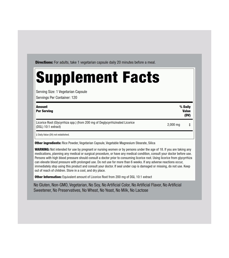 DGL Licorice Root 2000mg - 120 Capsules