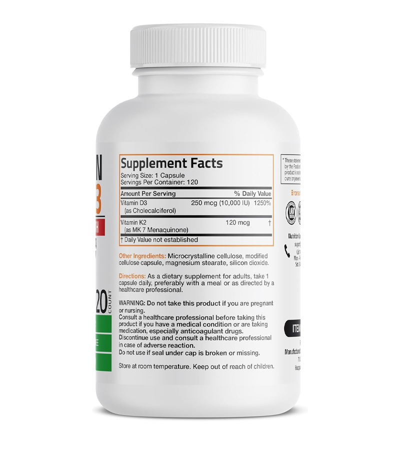 Vitamin K2 MK-7 120 mcg + Vitamin D3 10,000 IU - 120 Capsules