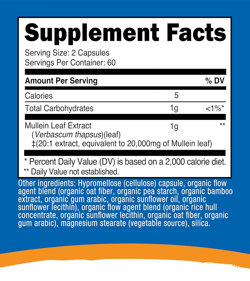 Mullein Leaf Extract 20,000 mg Per Serving - 120 Capsules