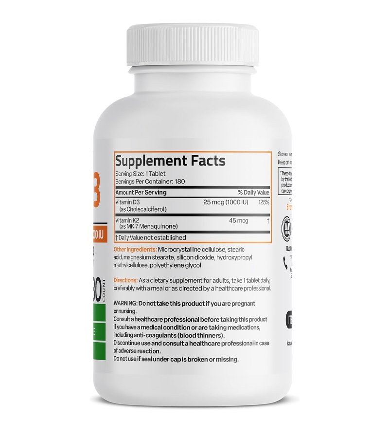 Vitamin K2 MK-7 45 mcg + Vitamin D3 1000 IU Mini Tabs - 180 Tablets