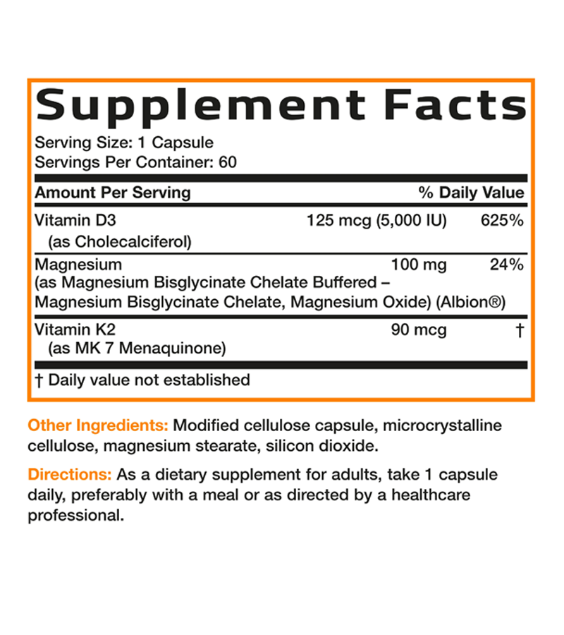 Vitamin K2 MK-7 90 mcg + Vitamin D3 5000 IU & Magnesium Glycinate 100mg, 3 IN 1 Formula - 60 Capsules