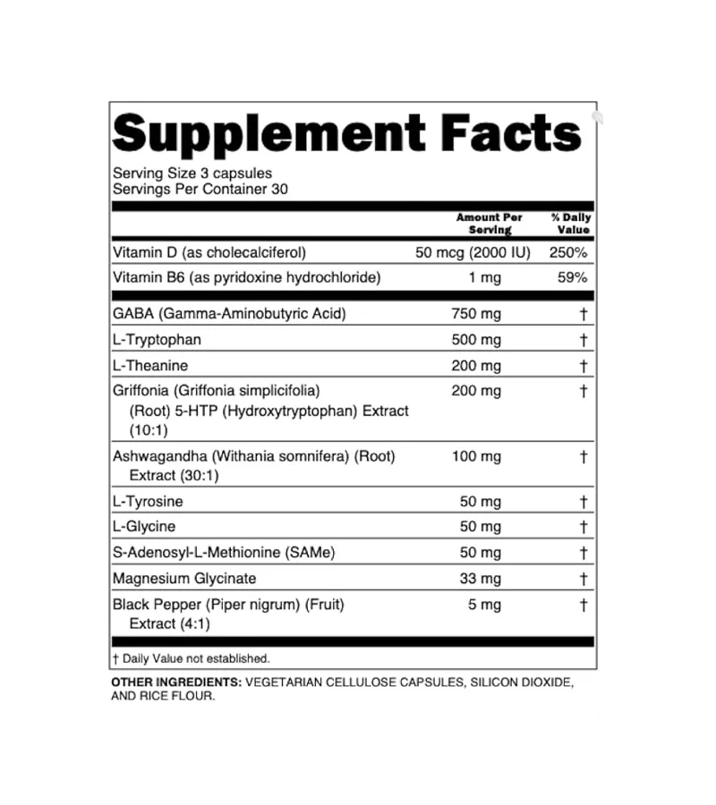 GABA, 5 HTP, L Tryptophan, L Theanine plus Ashwagandha - Mood Support Vitamins - 90 Capsules