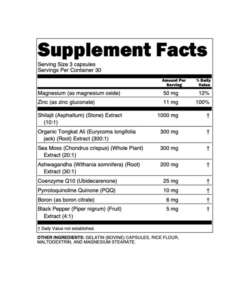 Shilajit Supplement with Sea Moss, Ashwagandha, Tongkat Ali, Boron, Magnesium - Fulvic Acid for Men - 90 Capsules