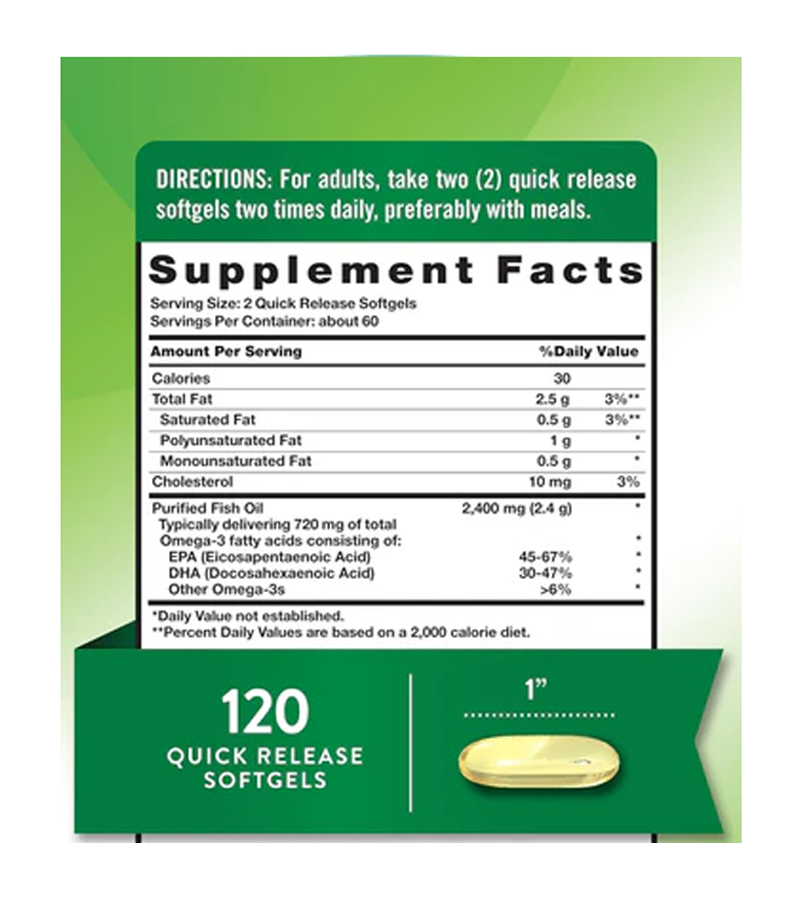Fish Oil 2,400 mg 720 mg Omega-3 Natural Lemon Flavor - 120 Quick Release Softgels