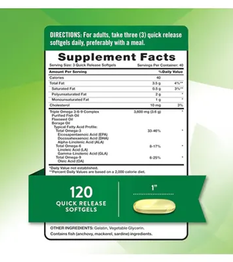 Triple Omega 3 6 9 - 3600mg - 120 Softgels