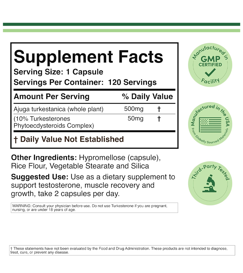 Turk 500 (Turkesterone) Muscle Strength + Recovery Supplement, 500mg Per Serving - 120 Capsules