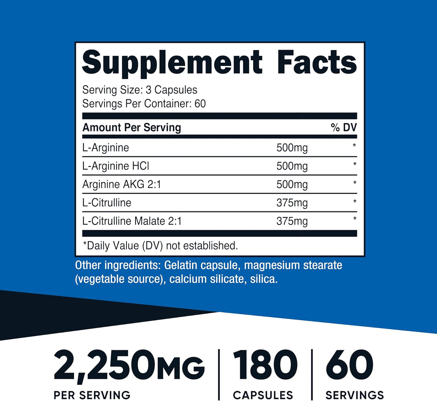 Nitric Oxide Booster 2250mg Per Serving - 180 Capsules