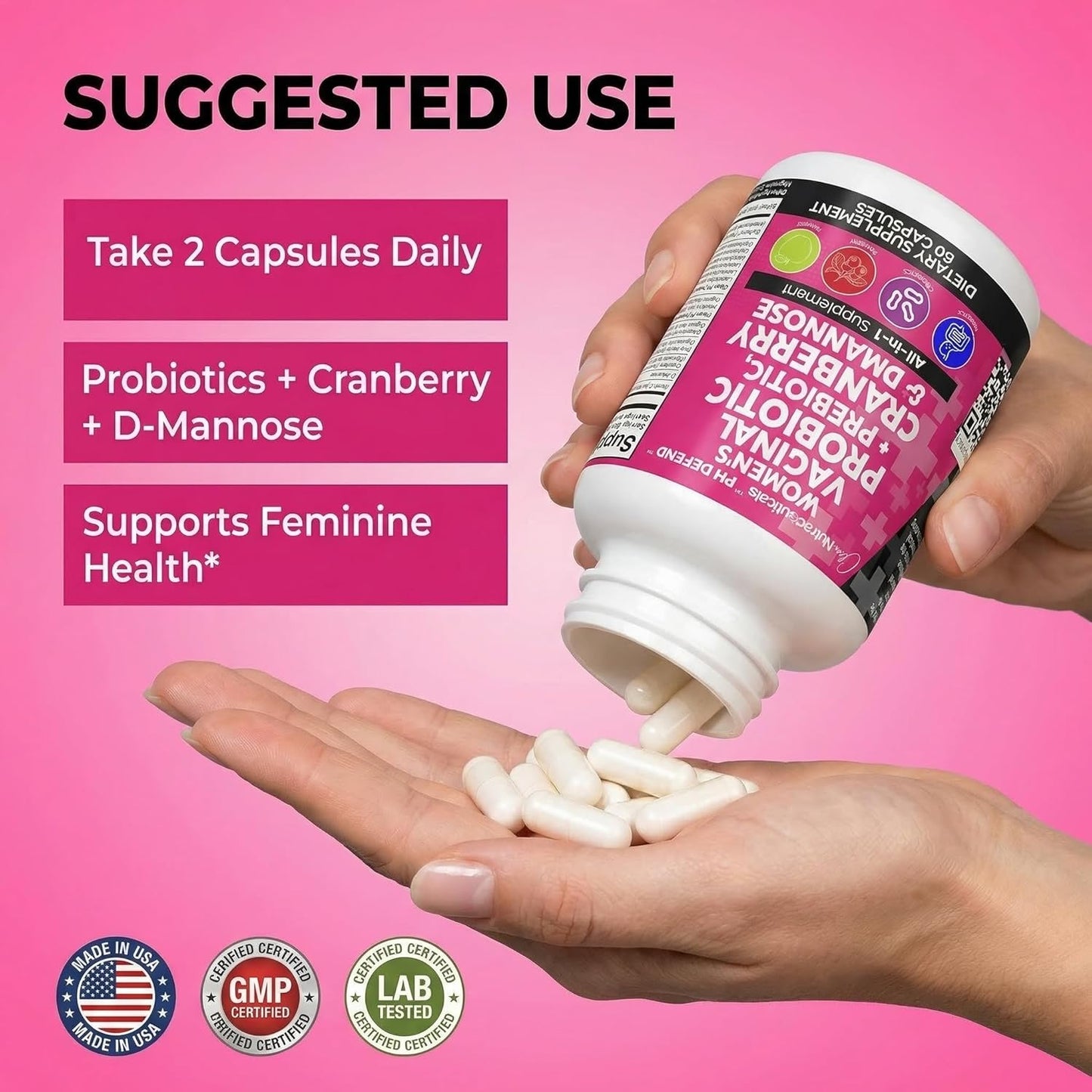 Women's Vaginal Probiotics with Cranberry, D-Mannose, Prebiotics For Feminine Health and PH Balance Support - 60 Capsules