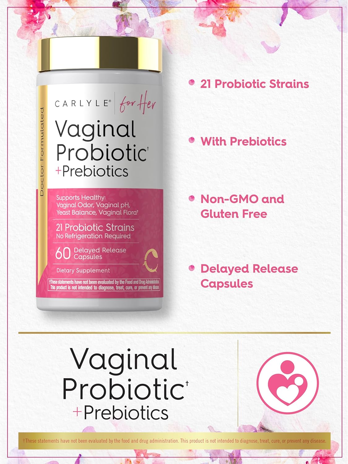 Carlyle Women's Vaginal Probiotics with Prebiotics For Feminine Health and PH Balance Support - 60 Capsules