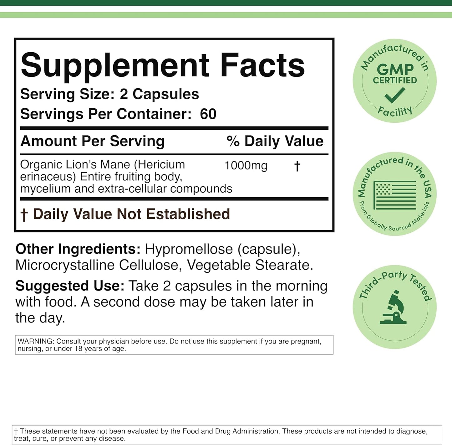 Lion's Mane Mushroom 500mg - 120 Capsules
