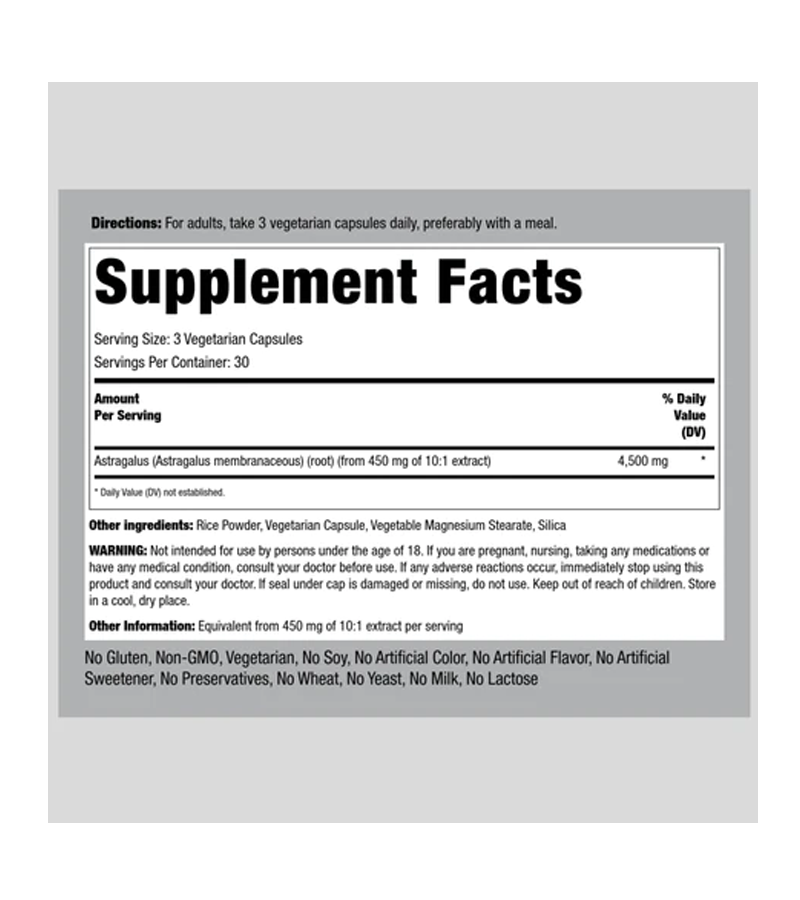 Astragalus Root, 4500 mg (per serving) - 90 Veg Capsules