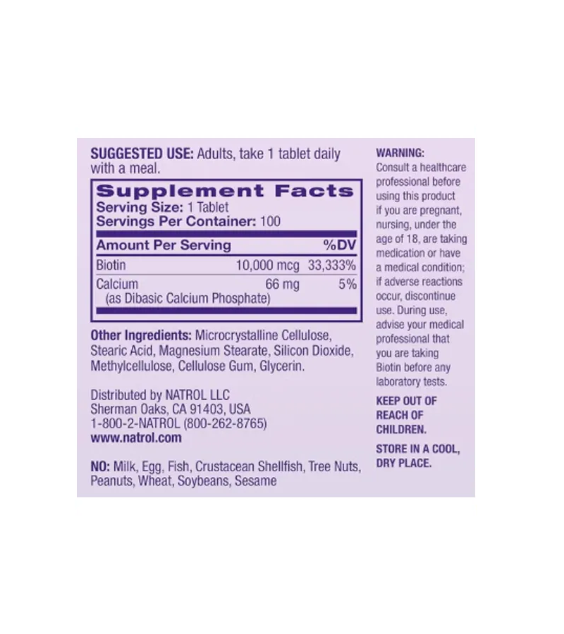 Biotin 10,000 mcg - 100 Tablet ( Best Before 12-2026 )
