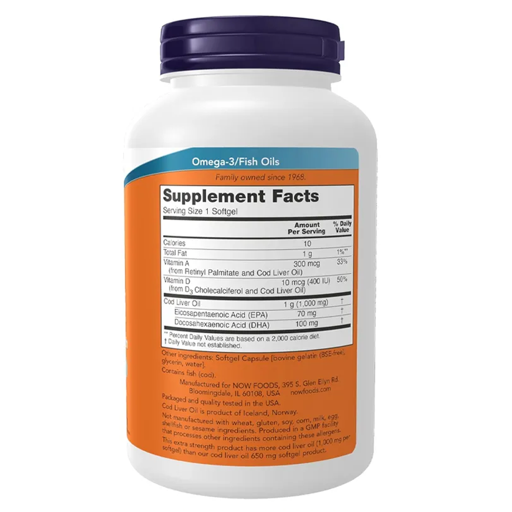 Cod Liver Oil Extra Strength 1000mg with Vitamins A & D-3, EPA, DHA -180 Softgels