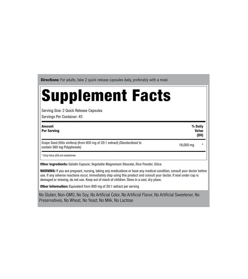 Grape Seed Extract 16,000mg Per serving - 90 Capsules
