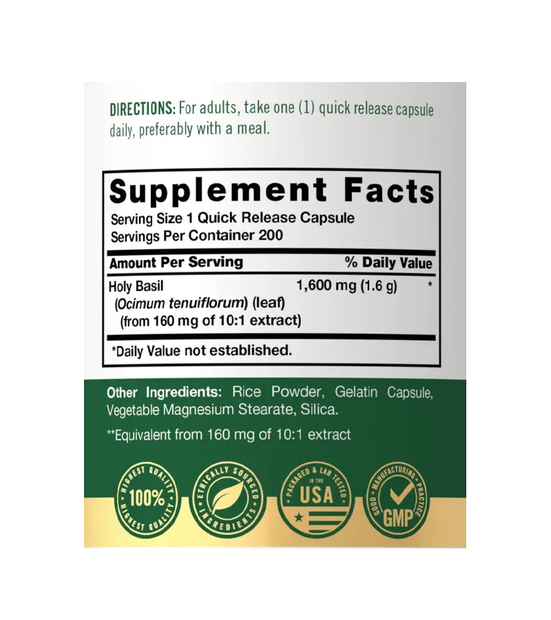 Holy Basil Extract 1600mg - 200 Capsules
