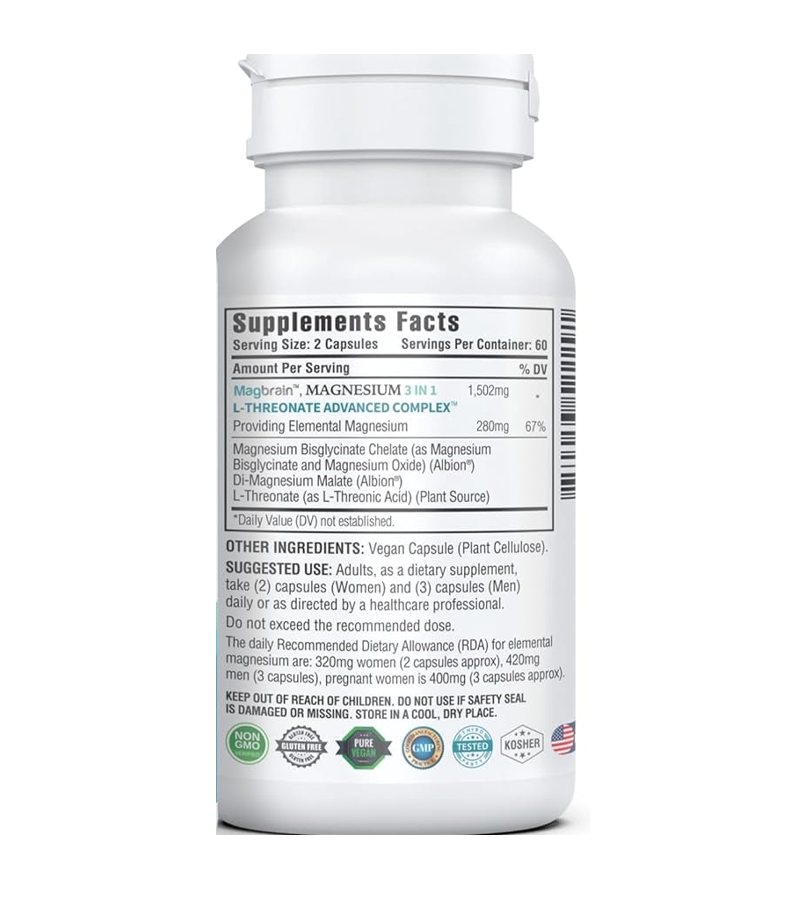 Kappa Magnesium, L-Threonate Bisglycinate Chelate, Malate, for Brain, Sleep, Stress, Cramps, Headaches - 120 Capsules