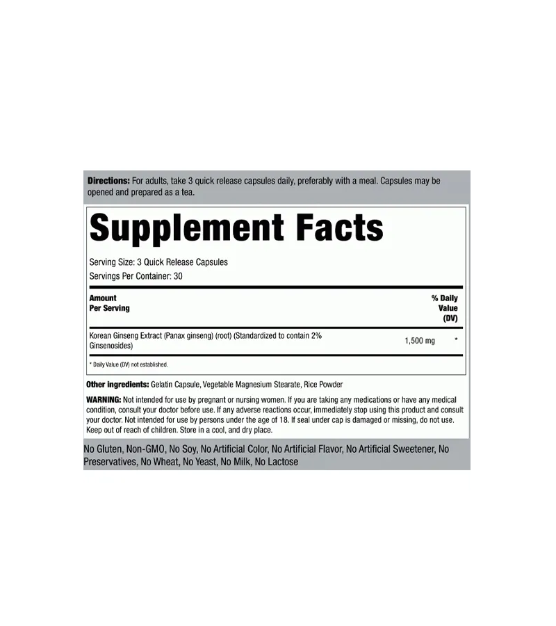 Korean Ginseng - Panax Ginseng 1500mg - 90 Quick Release Capsules