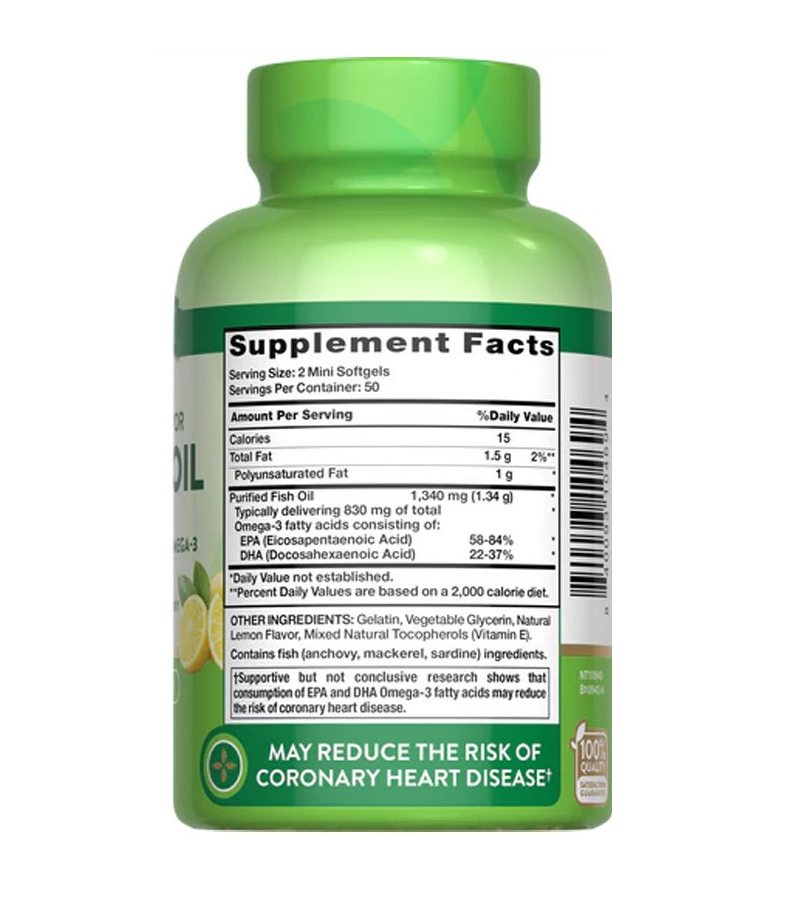 Lemon Flavor Mini Fish Oil 1,340 mg ,830 mg Omega-3 - 100 Mini Softgels