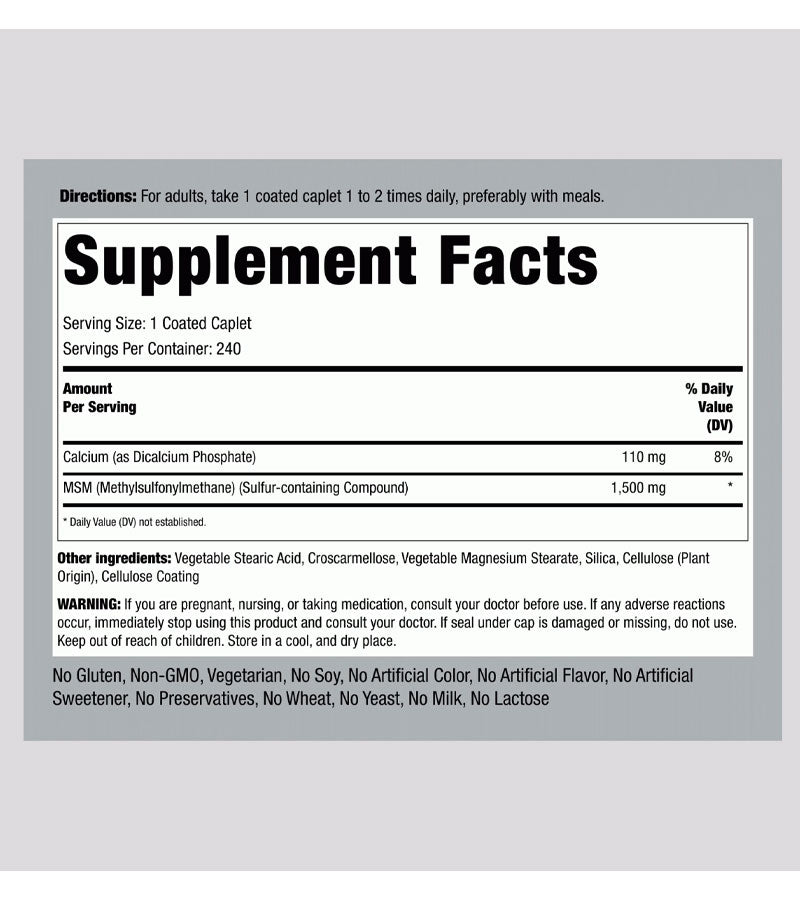Mega MSM + Sulfur, 1500 mg, 240 Coated Caplets