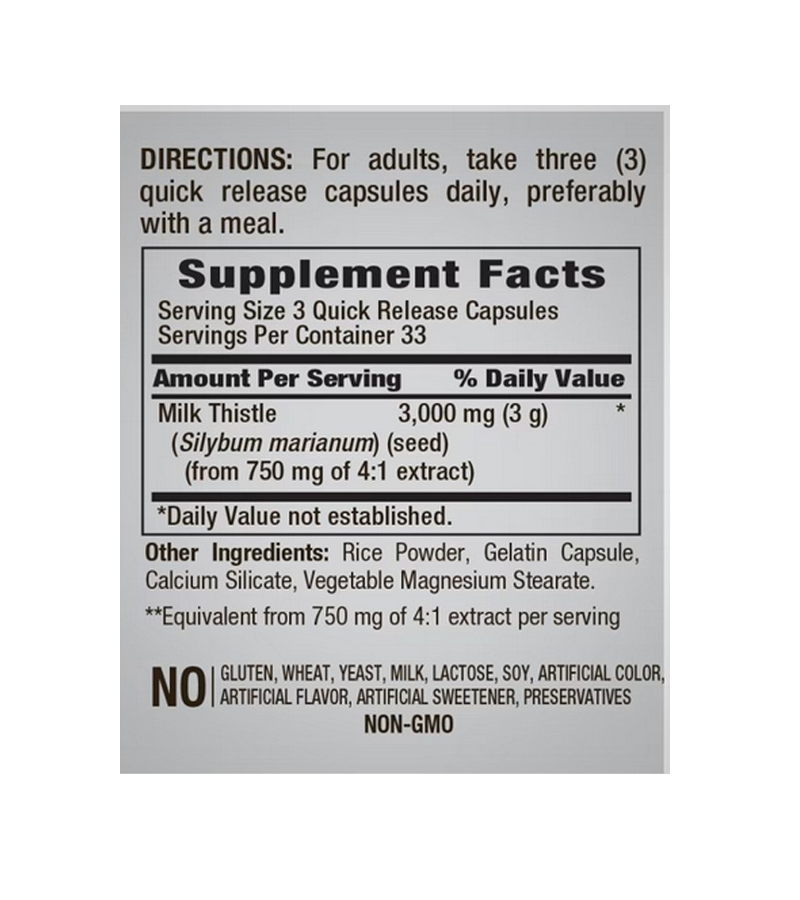 Milk Thistle Seed Extract, 3000 mg - 100 Quick Release Capsules