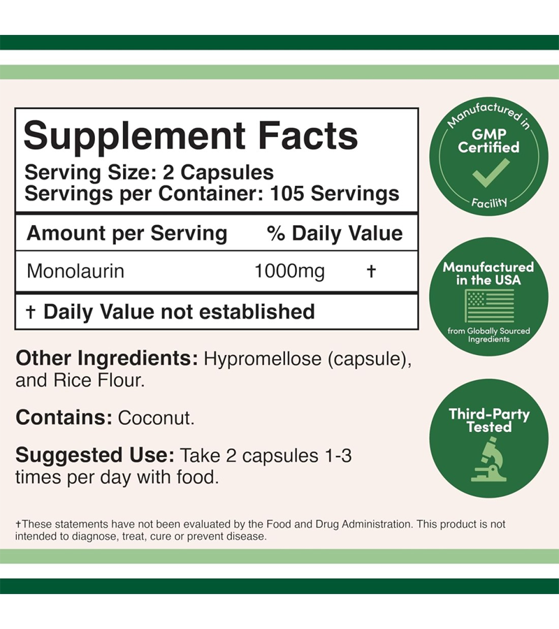 Monolaurin 1000mg per Serving- 210 Capsules