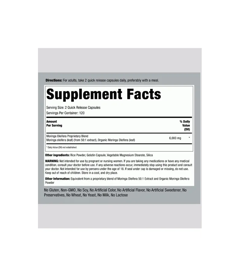 Moringa Oleifera 6000 mg (per serving) - 240 Quick Release Capsules