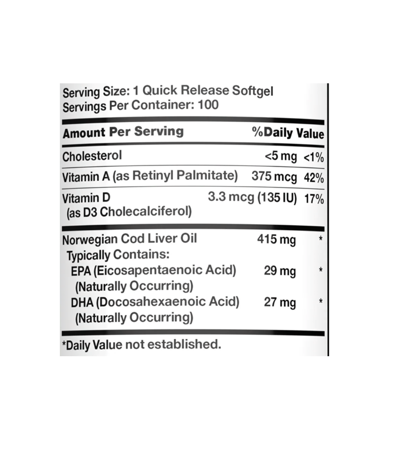 Norwegian Cod Liver Oil with EPA, DHA - 100 Softgels
