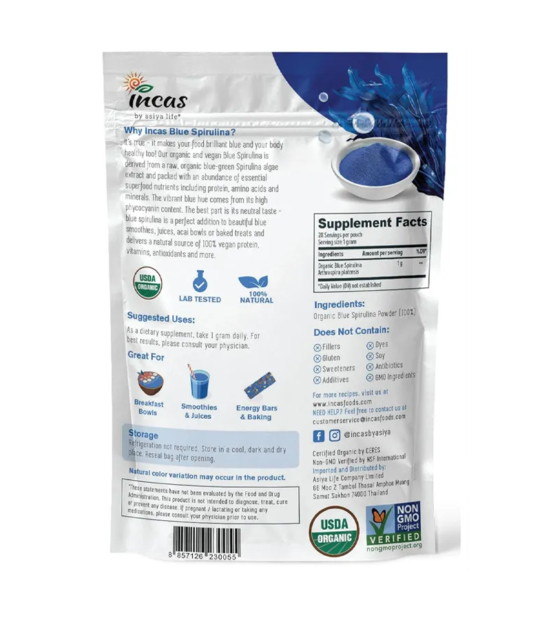Organic Blue Spirulina Powder, No Fishy Smell - 28g