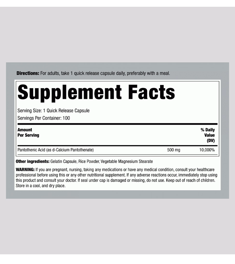 Pantothenic Acid 500 mg - 100 Quick Release Capsules