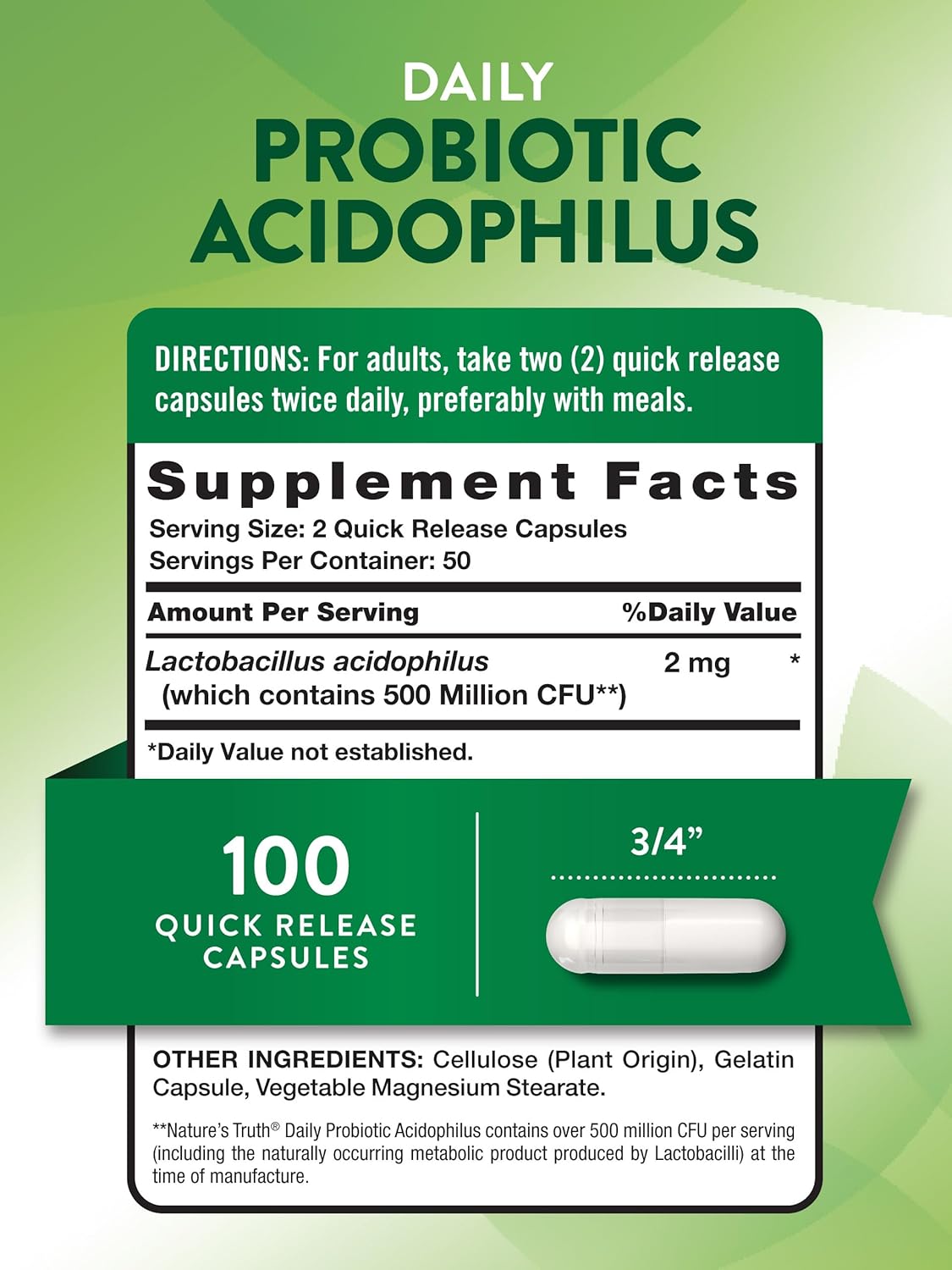 Probiotics Acidophilus 500 Million CFU - 100 Capsules