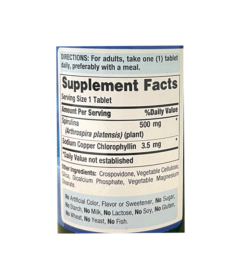 Spirulina Blue- Green Algae 500 mg - 100 Tablets