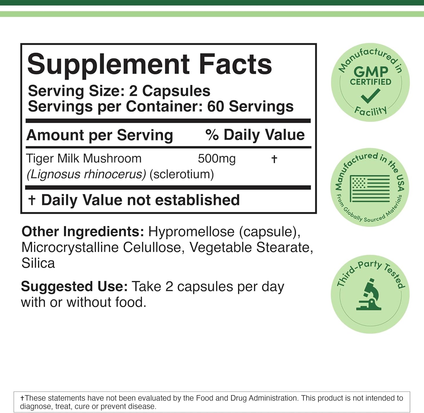 Tiger Milk Mushroom For Respiratory and Lung Health Support, 500mg per Serving - 120 Capsules