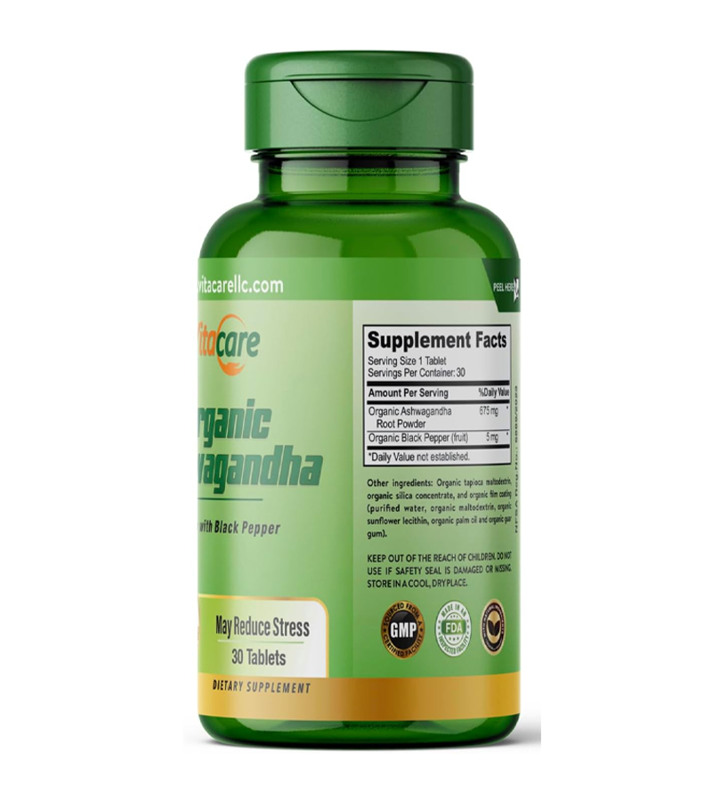 Vitacare Organic Ashwagandha - 675 mg with Black pepper - 30 Tablets