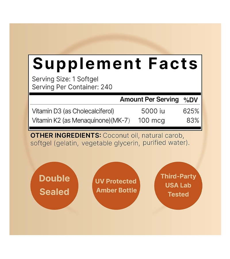 Vitamin D3 5,000 IU + K2 100 mcg, with Virgin Coconut Oil - 240 Softgels