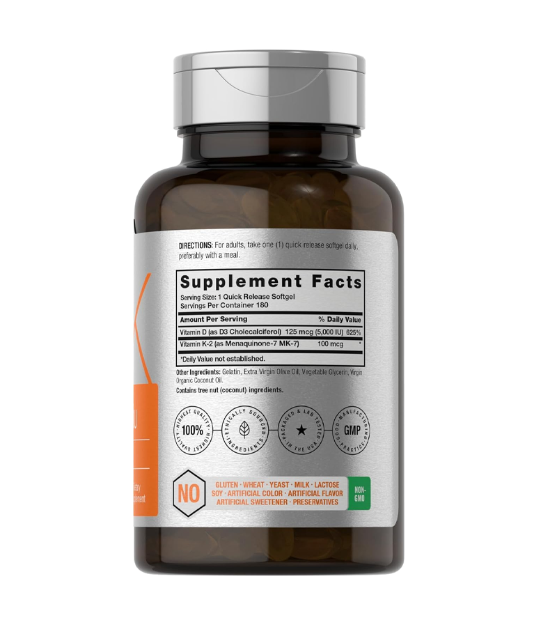 Vitamin K2 MK7 - 5000iu of Vitamin D3 & 100mcg MK-7 Complex - 180 Softgel Capsules
