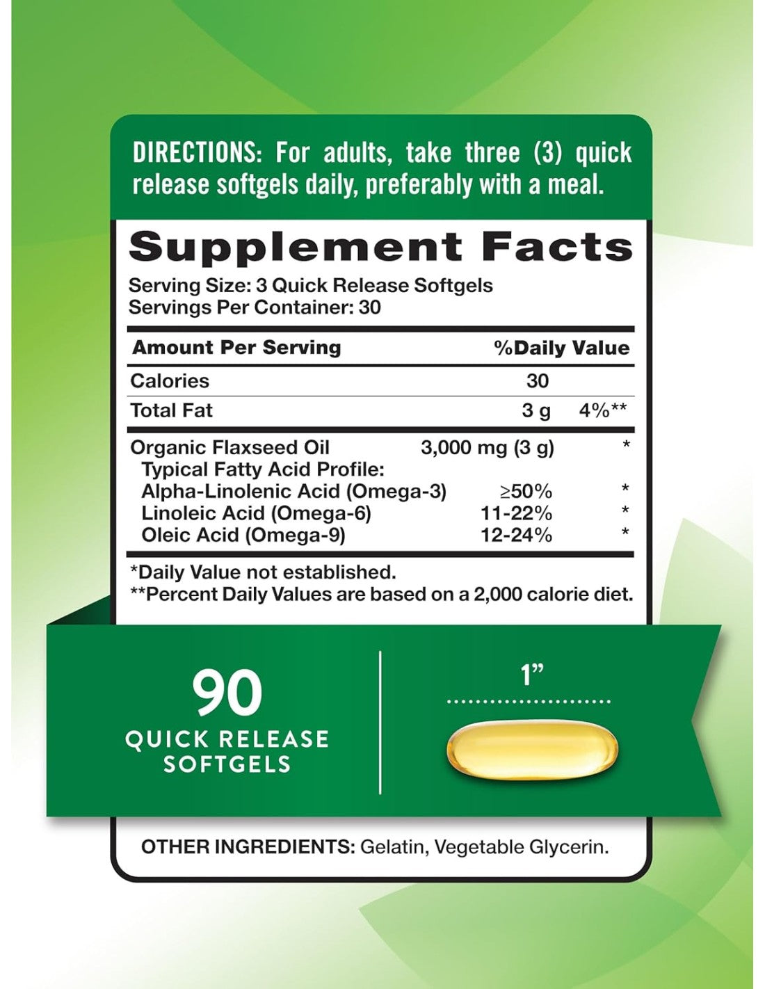 Flaxseed Oil 3000mg ( Cold Pressed ) - 90 Softgels
