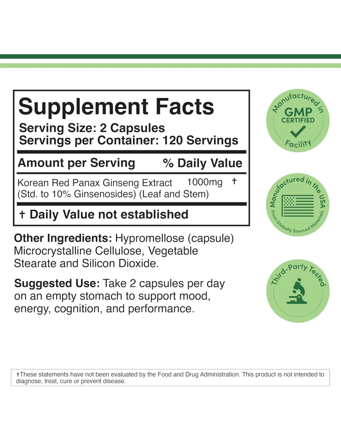 Korean Panax Ginseng 1000mg - 240 Vegan Capsules