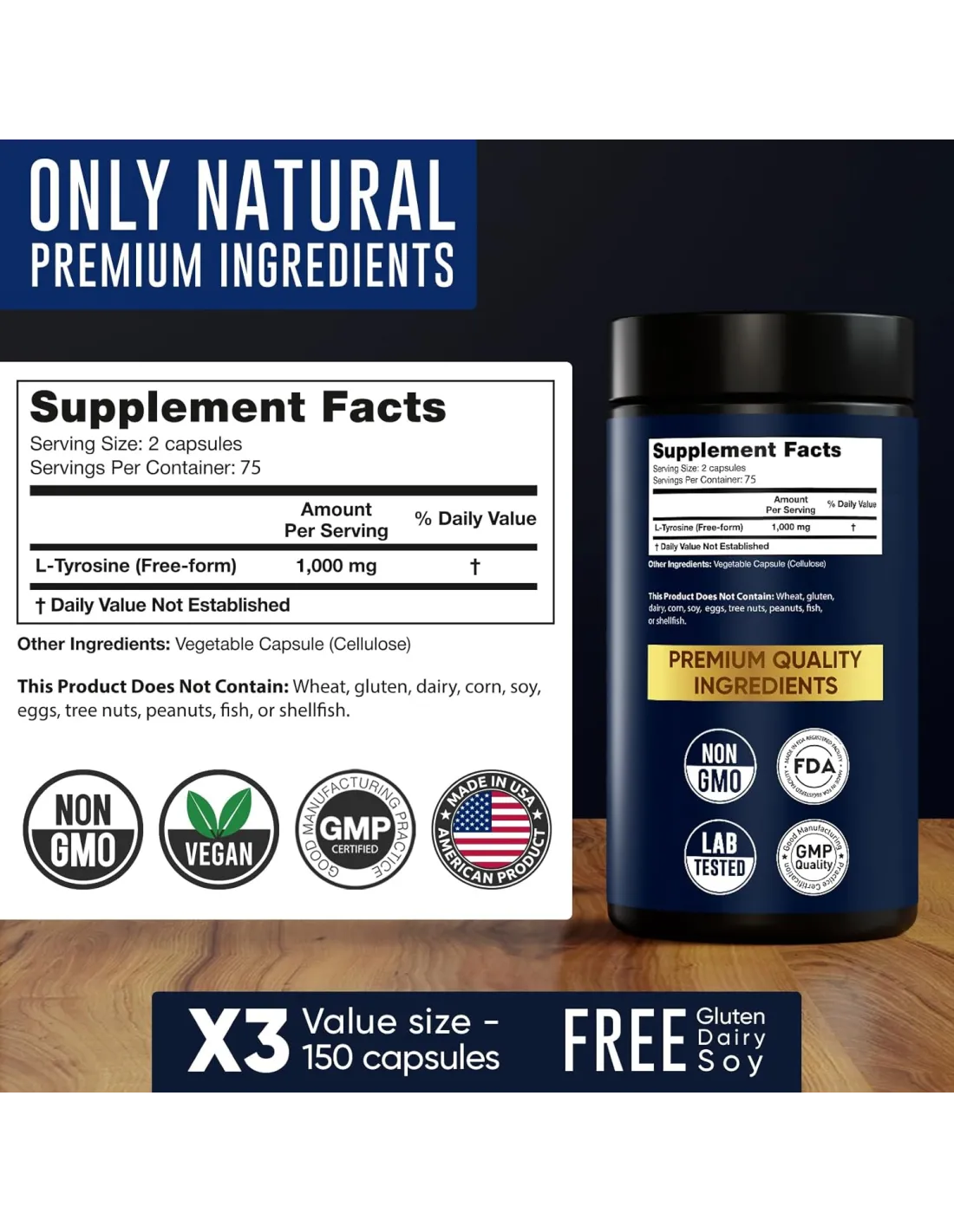 L-Tyrosine 1000mg - 150 Capsules