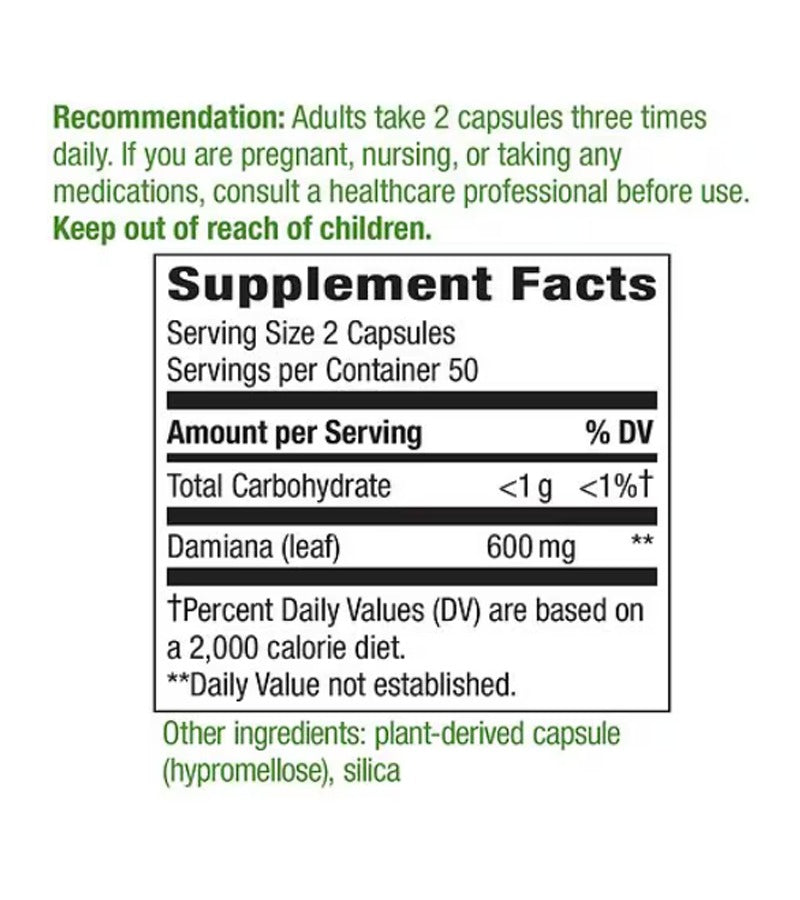 Damiana Leaves 600 mg - 100 Capsules