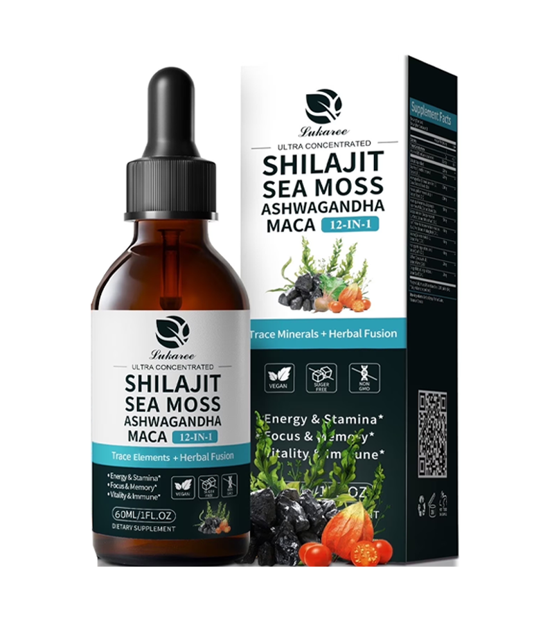 Lukaree Shilajit Liquid Drops with Sea Moss, Ashwagandha, Maca, Fulvic Acid, Trace Minerals -60 ml
