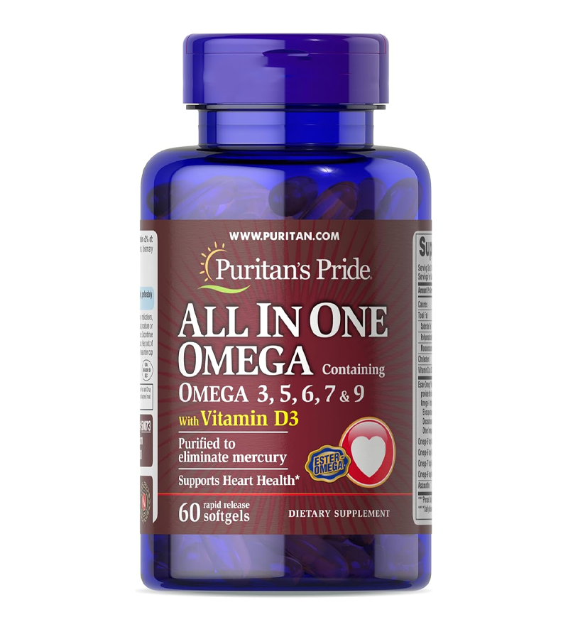 All in One Omega 3, 5, 6, 7 and 9 with Vitamin D3, 60 Softgels