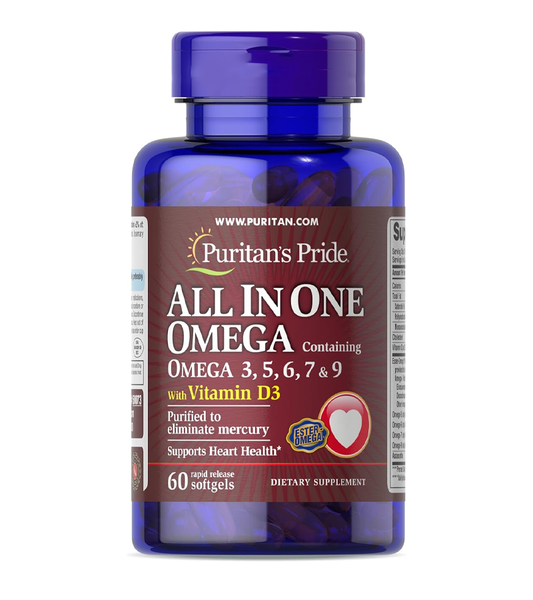 All in One Omega 3, 5, 6, 7 and 9 with Vitamin D3, 60 Softgels