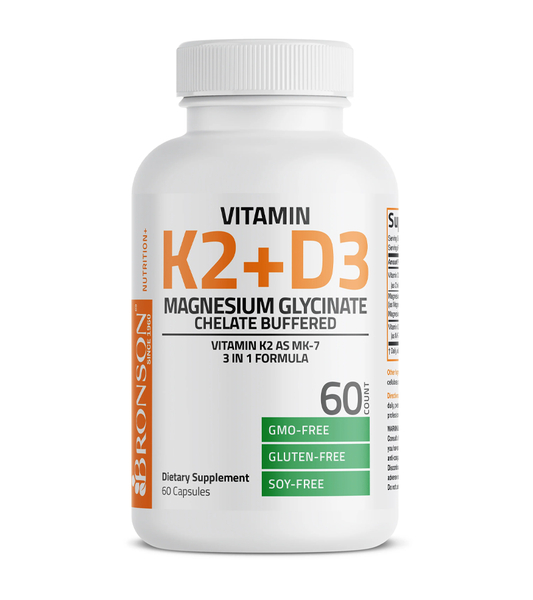 Vitamin K2 MK-7 90 mcg + Vitamin D3 5000 IU & Magnesium Glycinate 100mg, 3 IN 1 Formula - 60 Capsules