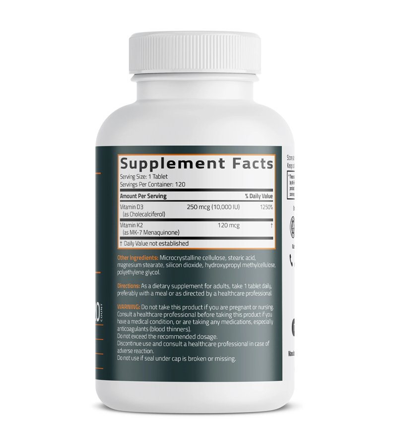 Vitamin K2 MK-7 120 mcg + Vitamin D3 10,000 IU - 120 Tablets