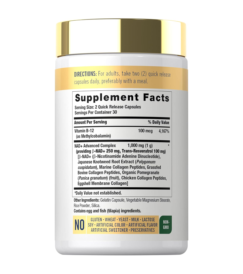 NAD+ Advanced Complex with Resveratrol and Collagen 1000 mg Per Serving - 60 Capsules