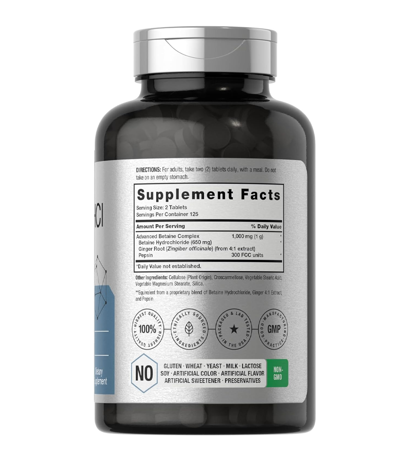 Betaine HCl With Pepsin & Ginger Root, 1000 mg Per Serving - 250 Tablets
