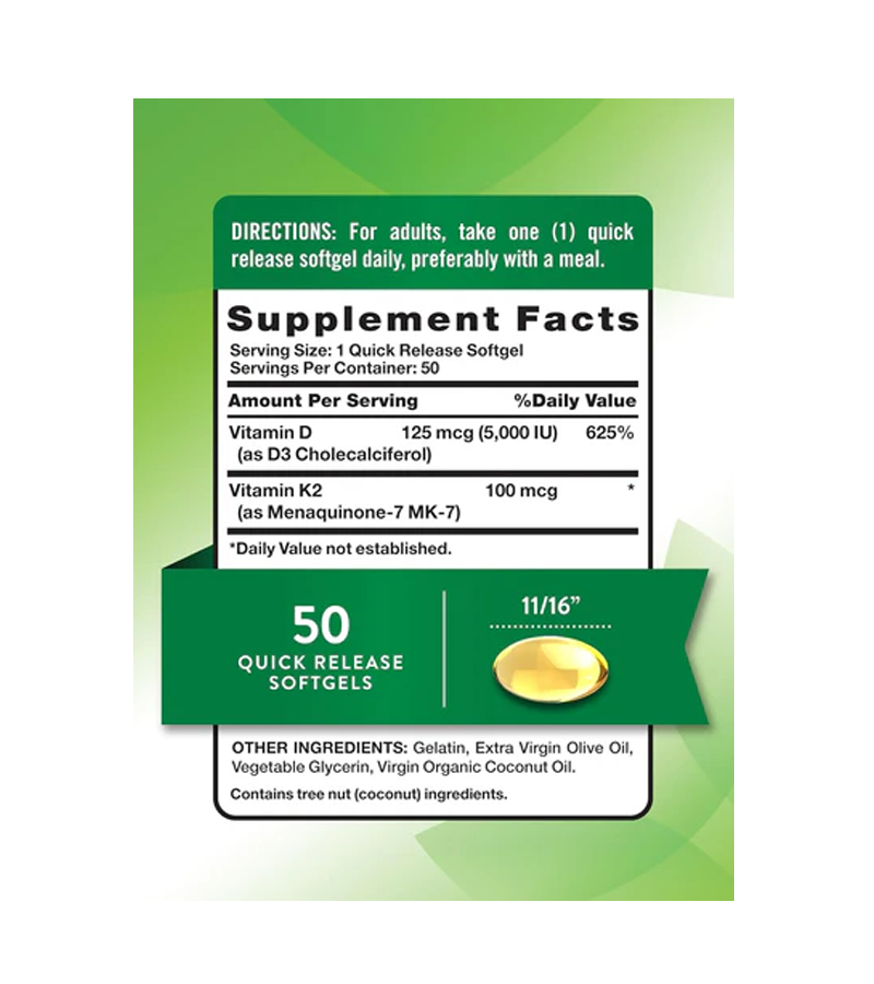 VITAMIN K2 MK7 100 MCG + D3 5000IU - 50 Capsules