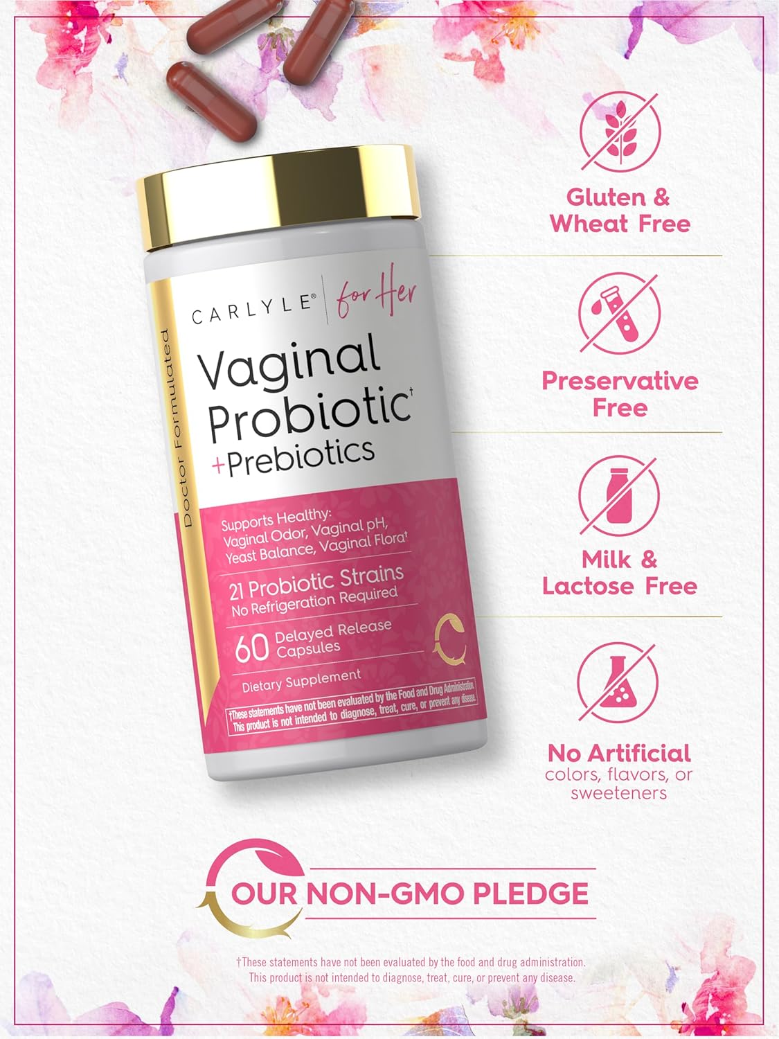 Carlyle Women's Vaginal Probiotics with Prebiotics For Feminine Health and PH Balance Support - 60 Capsules