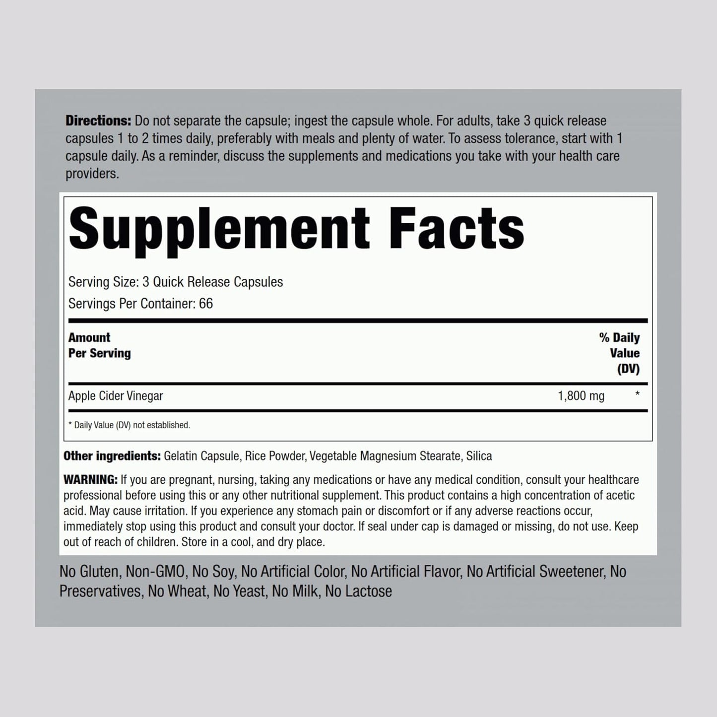Apple Cider Vinegar 1800 mg - 200 Capsules